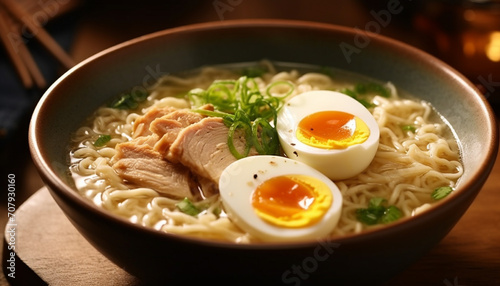 Gourmet pork soup, chopsticks, meat, bowl, ramen noodles, cooked vegetable generated by AI