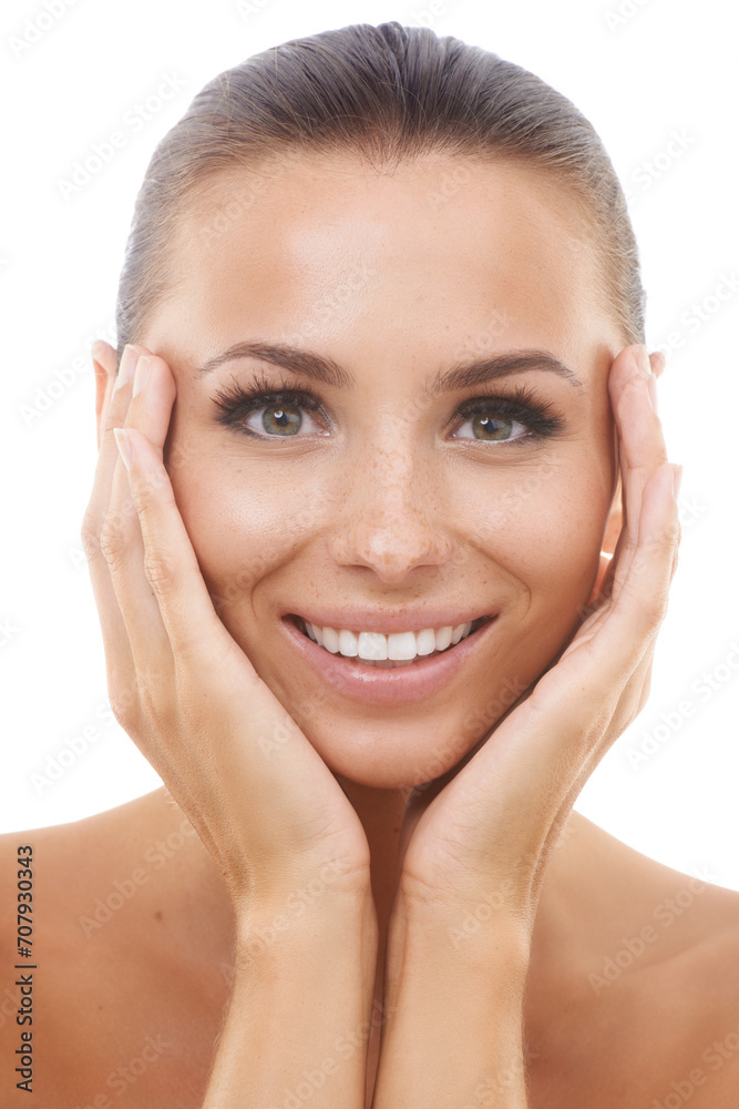 Portrait of happy woman, natural or skincare in studio for wellness with cosmetics, face or healthy glow. Facial dermatology, confident lady or model with smile or beauty results on white background Portrait of happy woman, natural or skincare in studio for wellness with cosmetics, face or healthy glow. Facial dermatology, confident lady or model with smile or beauty results on white background