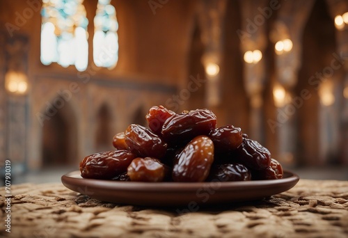 Platter of dates in front of a background depicting the elements of a mosque. photo