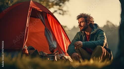 A man sets up a red tent for camping in the lush morning light, Generative AI. photo