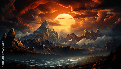 Majestic mountain range silhouettes at dusk, nature breathtaking beauty generated by AI