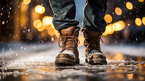 A man walking on a snowy path wearing winter boots, Generative AI. photo