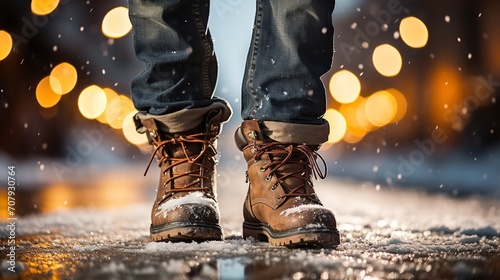 A man walking on a snowy path wearing winter boots, Generative AI.