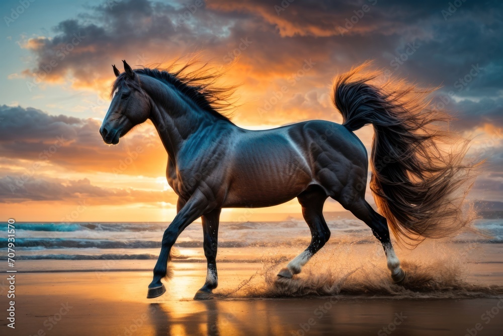 Horses playing on the beach at sunset Horses playing on the beach at sunset