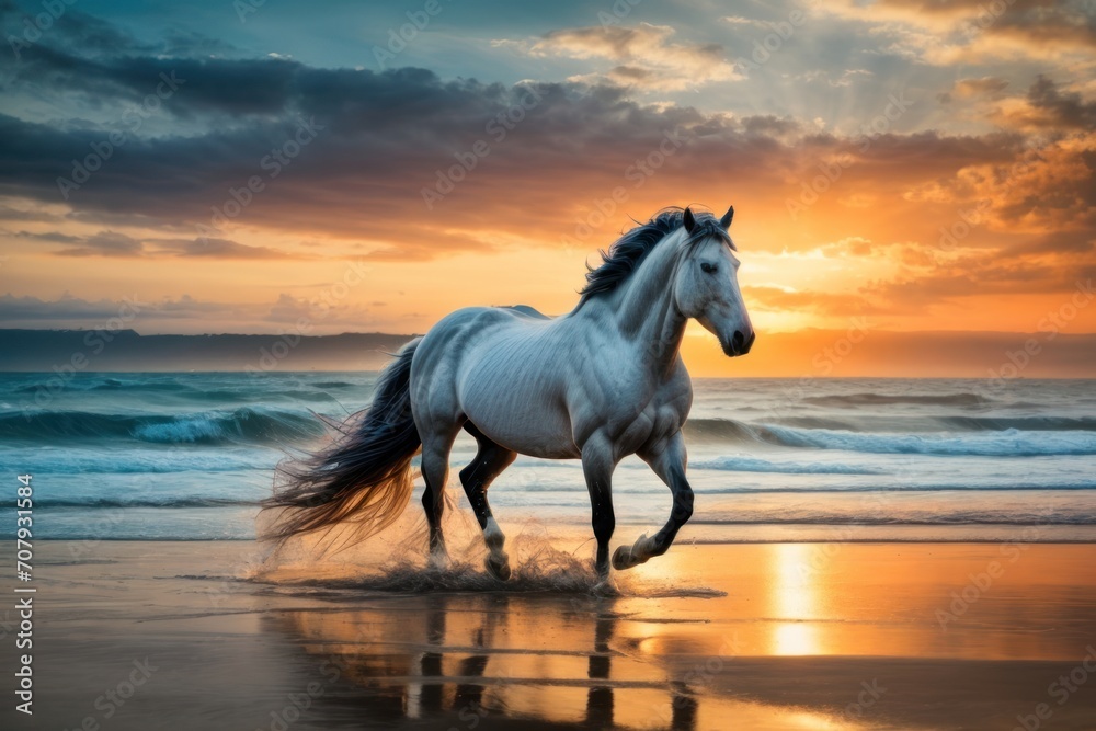 Horses playing on the beach at sunset