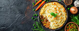 Shepherd's Pie: Ground lamb or beef, mashed potatoes, peas, carrots and onions.