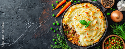 Shepherd's Pie: Ground lamb or beef, mashed potatoes, peas, carrots and onions. photo