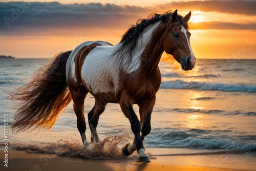 Horses playing on the beach at sunset © 2D_Jungle