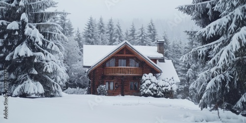 A cozy cabin nestled in the middle of a snowy forest. Perfect for winter getaways and nature retreats © Fotograf