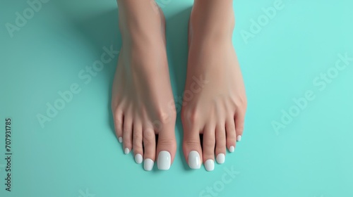 A close-up image of a woman's feet with white nail polish. This picture can be used for beauty and wellness concepts