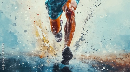 A painting depicting a man running in the water. Suitable for sports and fitness-related themes