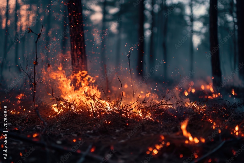 A picture of a fire burning in the middle of a forest. Suitable for illustrating forest fires or the destructive power of nature - obrazy, fototapety, plakaty 