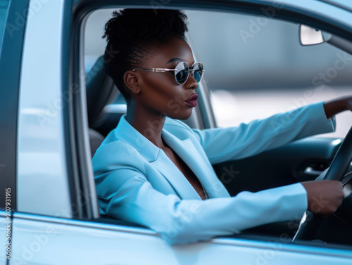 a happy stylish african woman in light blue suit is driving white car. Portrait of happy female driver steering car with safety belt. © Svetlana