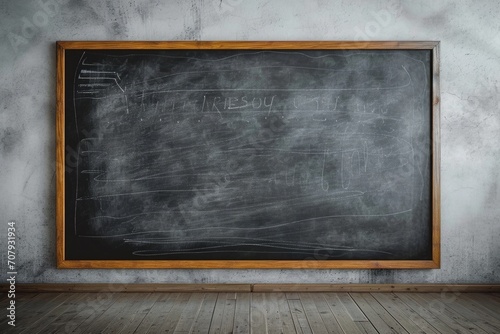 A blackboard hanging on the wall in a room with a wooden floor. Suitable for educational, business, or creative concepts