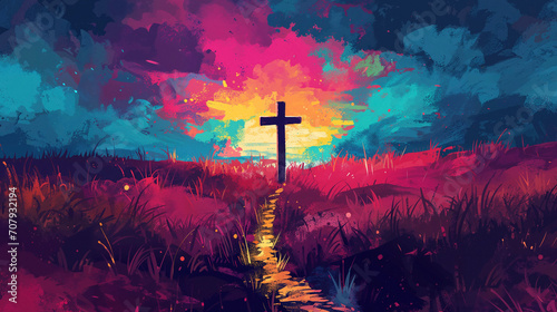 A vibrant, colorful depiction of a wooden cross at the end of an old road, set against a dynamic, painted sky, evoking a sense of guidance and spiritual journey. photo