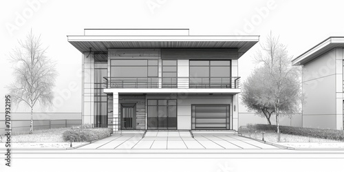 A black and white photo showcasing a modern house. Perfect for real estate websites or architectural publications