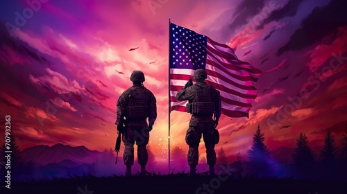 American soldiers by national USA flag at 4th of July, independence day of America and US military, patriotism concept, to serve and protect