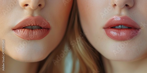 A close-up view of a woman s face featuring two different lips. This image can be used to showcase diversity  individuality  or for beauty-related concepts