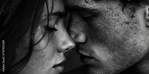 A close-up shot capturing the intimate moment of a person kissing a woman. Perfect for romantic themes and expressions of love photo