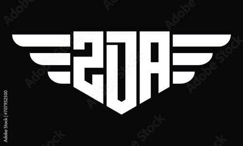 ZDA three letter logo, creative wings shape logo design vector template. letter mark, word mark, monogram symbol on black & white.	