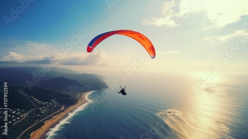 Parachutists fly over the sea with their parachutes