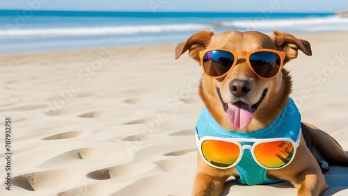 Dog wearing sunglasses at the beach.