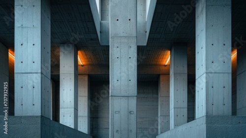 Symmetrical view of modern architecture with concrete pillars and warm lighting. photo