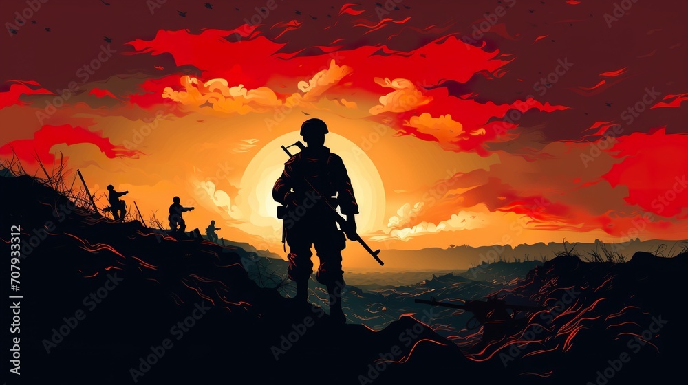 Obraz premium silhouette of soldier standing on devastated land after battle, military infantry warrior on battlefield on ruined city background, conflict zone concept