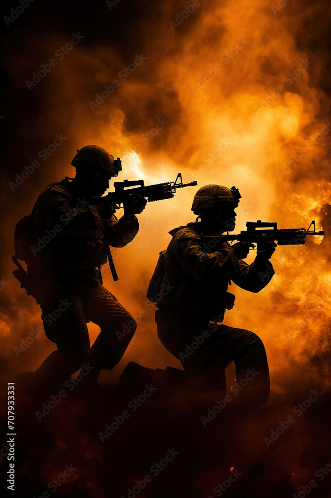 modern soldier with rifle taking combat on fire background, military special forces at war during battle, army infantry commando in silhouette modern soldier with rifle taking combat on fire background, military special forces at war during battle, army infantry commando in silhouette