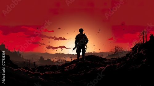 silhouette of soldier standing on devastated land after battle, military infantry warrior on battlefield on ruined city background, conflict zone concept