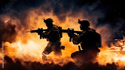 modern soldier with rifle taking combat on fire background, military special forces at war during battle, army infantry commando in silhouette