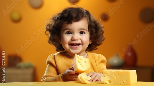 A sweet tiny infant on a yellow backdrop consuming a slice of salty cheese, Generative AI.