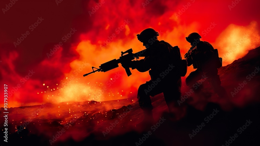 modern soldier with rifle taking combat on fire background, military special forces at war during battle, army infantry commando in silhouette modern soldier with rifle taking combat on fire background, military special forces at war during battle, army infantry commando in silhouette
