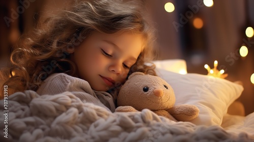 A toddler curled up in a close hug with her teddy bear, Generative AI. photo