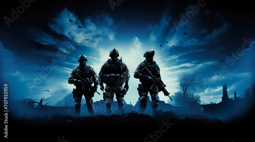 silhouette of military army platoon with weapon, infantry and commando team, special forces soldiers