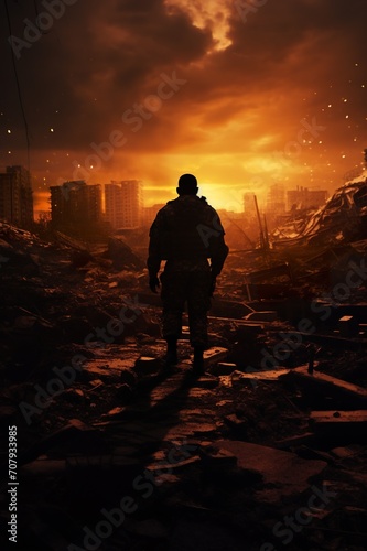 silhouette of soldier standing on devastated land after battle  military infantry warrior on battlefield on ruined city background  conflict zone concept