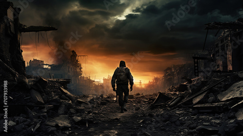 silhouette of soldier standing on devastated land after battle, military infantry warrior on battlefield on ruined city background, conflict zone concept