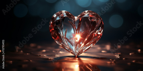 Heart concept love valentine's day rendering realistic, Bling love diamond heart shape decor romantic bokeh background love and valentine day concept.  photo