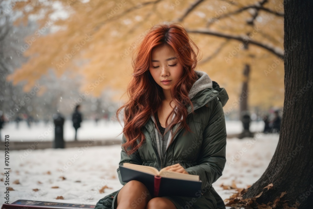 Beautiful woman wearing a coat sits reading a book in the park in the snow Beautiful woman wearing a coat sits reading a book in the park in the snow
