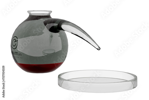 Chemical laboratory ware on transparent background. Retort flask with Petri dish. 3d render