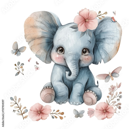Adorable elephant sitting in a floral frame with hearts and butterfly – whimsical watercolor vector illustration. Kids concepts, inviting joyful and playful imaginations.