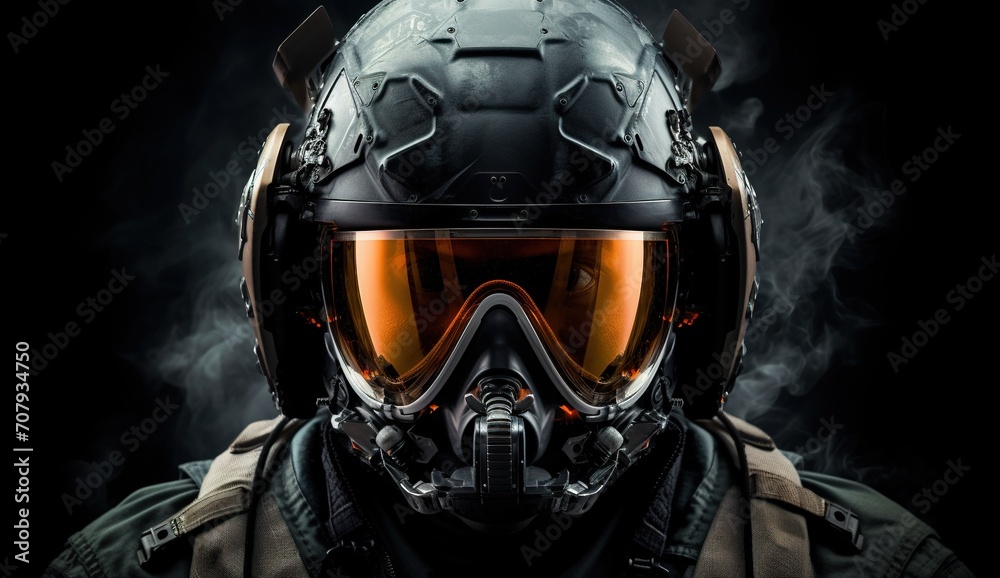 closeup portrait of dark futuristic air fighter pilot in helmet with glasses, fiction and sci-fi aircraft warrior closeup portrait of dark futuristic air fighter pilot in helmet with glasses, fiction and sci-fi aircraft warrior