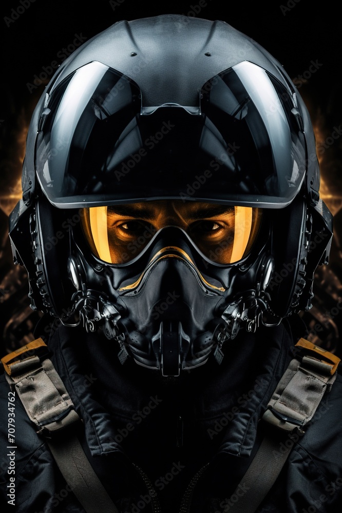 closeup portrait of dark futuristic air fighter pilot in helmet with glasses, fiction and sci-fi aircraft warrior