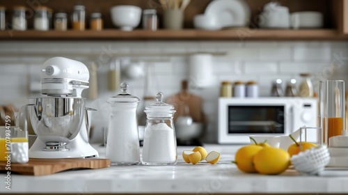 A kitchen counter with a blender and fresh oranges. Perfect for food and beverage-related projects