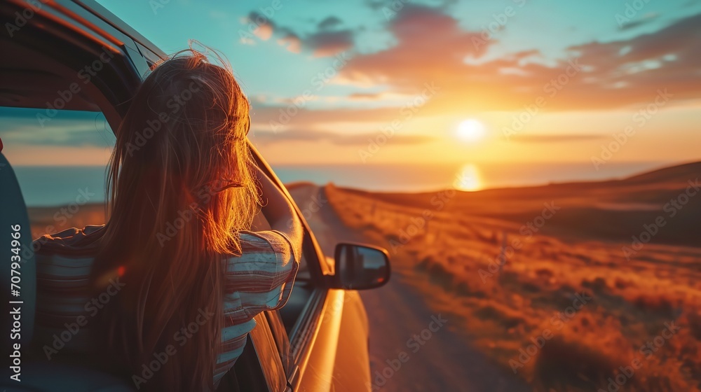 A woman's hand was revealed from the car during a sunset road trip concept, space, Generative AI. - obrazy, fototapety, plakaty 