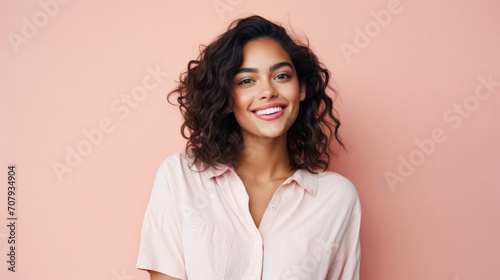 Portrait of a smiling young woman with curly hair on a pink background