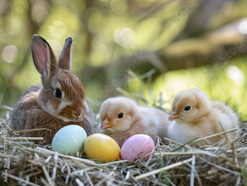 easter, bunny, rabbit, egg, nest, chicks