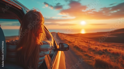 A woman's hand was revealed from the car during a sunset road trip concept, space, Generative AI. photo