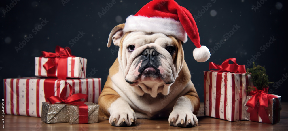 bulldog dressed in christmas hat laying on floor 