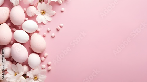 Easter holiday composition. Top view photo of pastel Easter eggs and white flowers on pink table. 